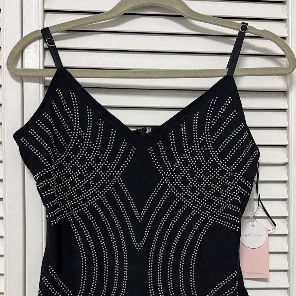 Women’s Black Studded V-Neck Bodycon Dress Sz Medium - Picture 2 of 12